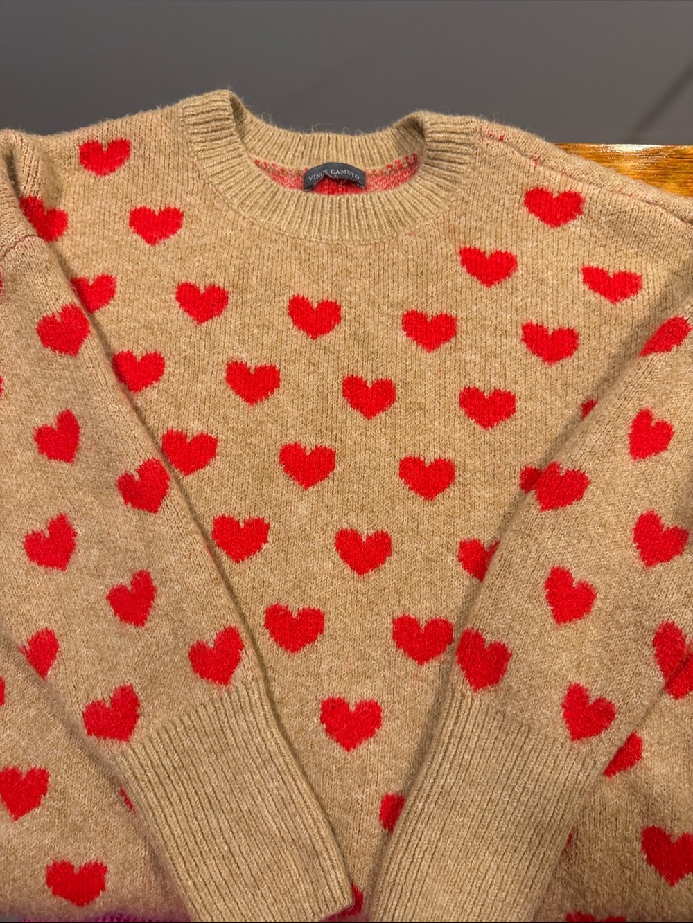 Vince Camuto Tan Crewneck Sweater with Red Heart Motif